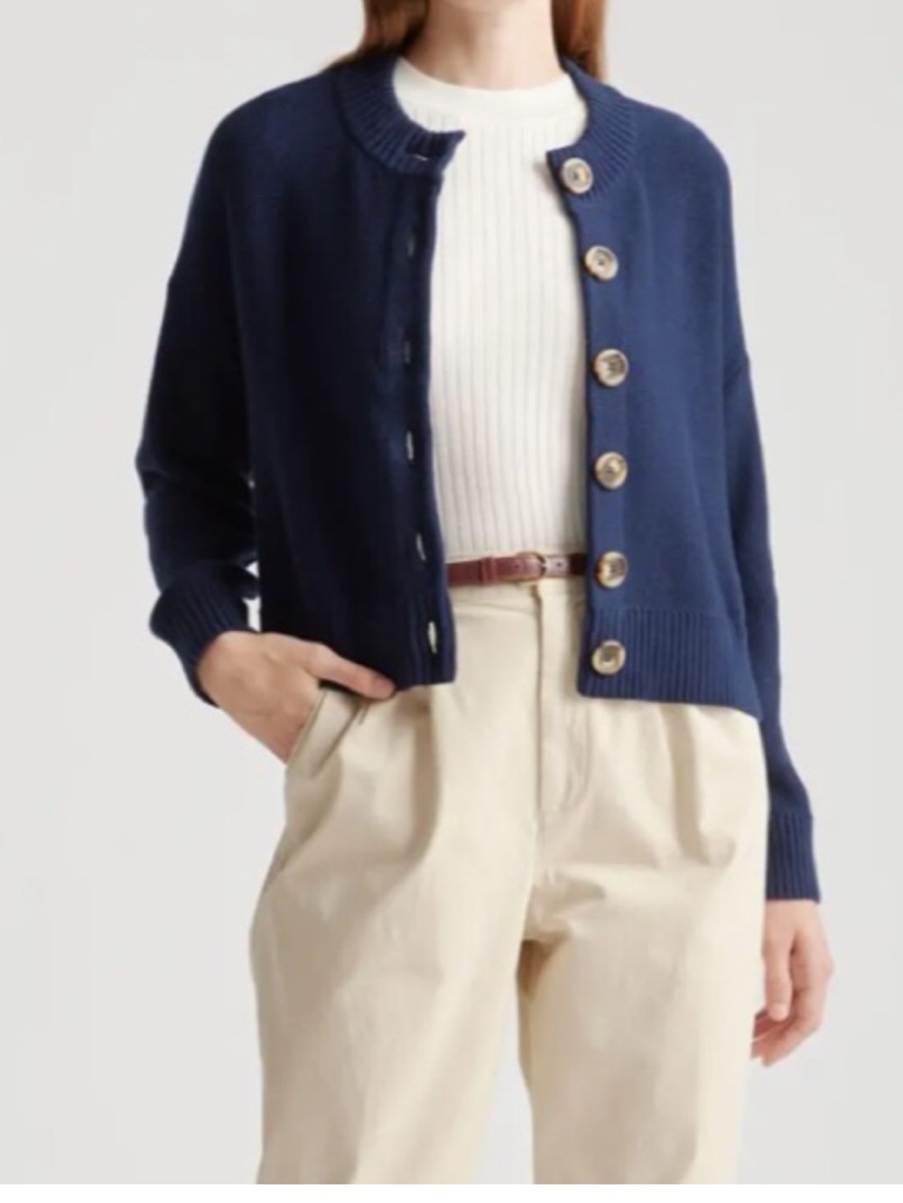 Quince 100% Organic Cotton Boxy Cropped Button Cardigan Navy Size Small